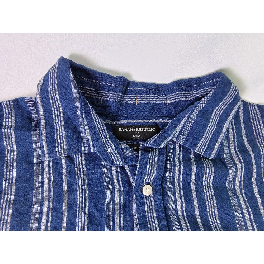 Banana Republic Mens XL Slim Fit Coastal Linen Blue Stripe Resort Summer Shirt